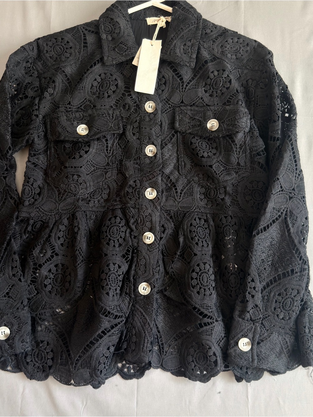 Mystree Black Crochet Button-Front Top with Sheer Lace Detail (D0013)